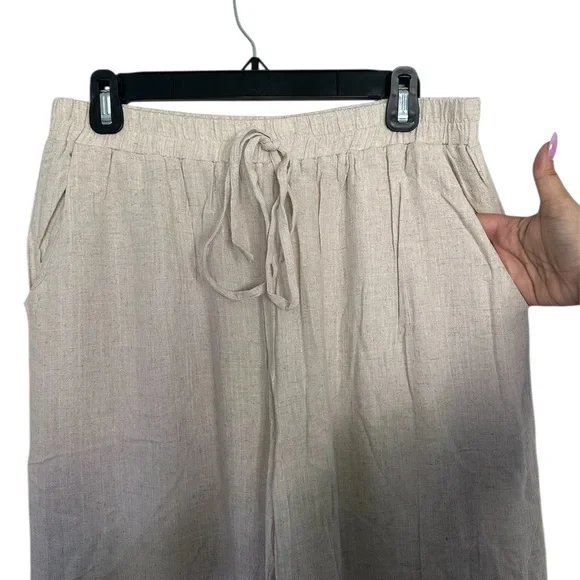 NWOT Umgee High Waisted Beige Linen Wide Leg Crochet Detail Pants Size L - Picture 5 of 7